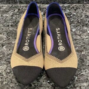 Rothy's Tan and Black Flats with Purple Trim